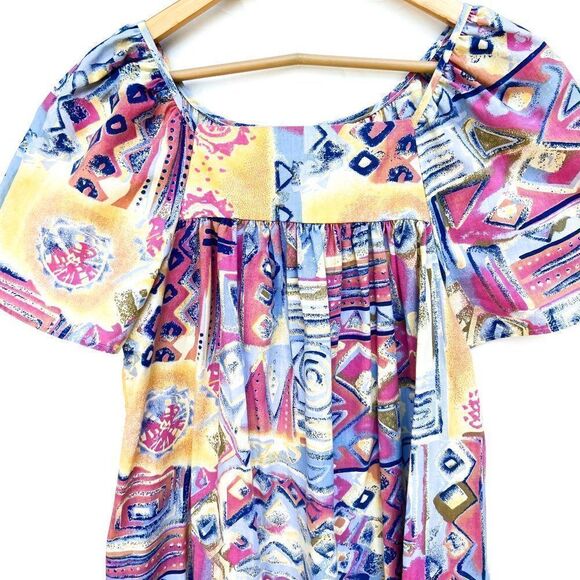 Vintage Handmade Colorful Pastel Abstract Print Short Sleeve Midi Ruffle Dress - Picture 2 of 9